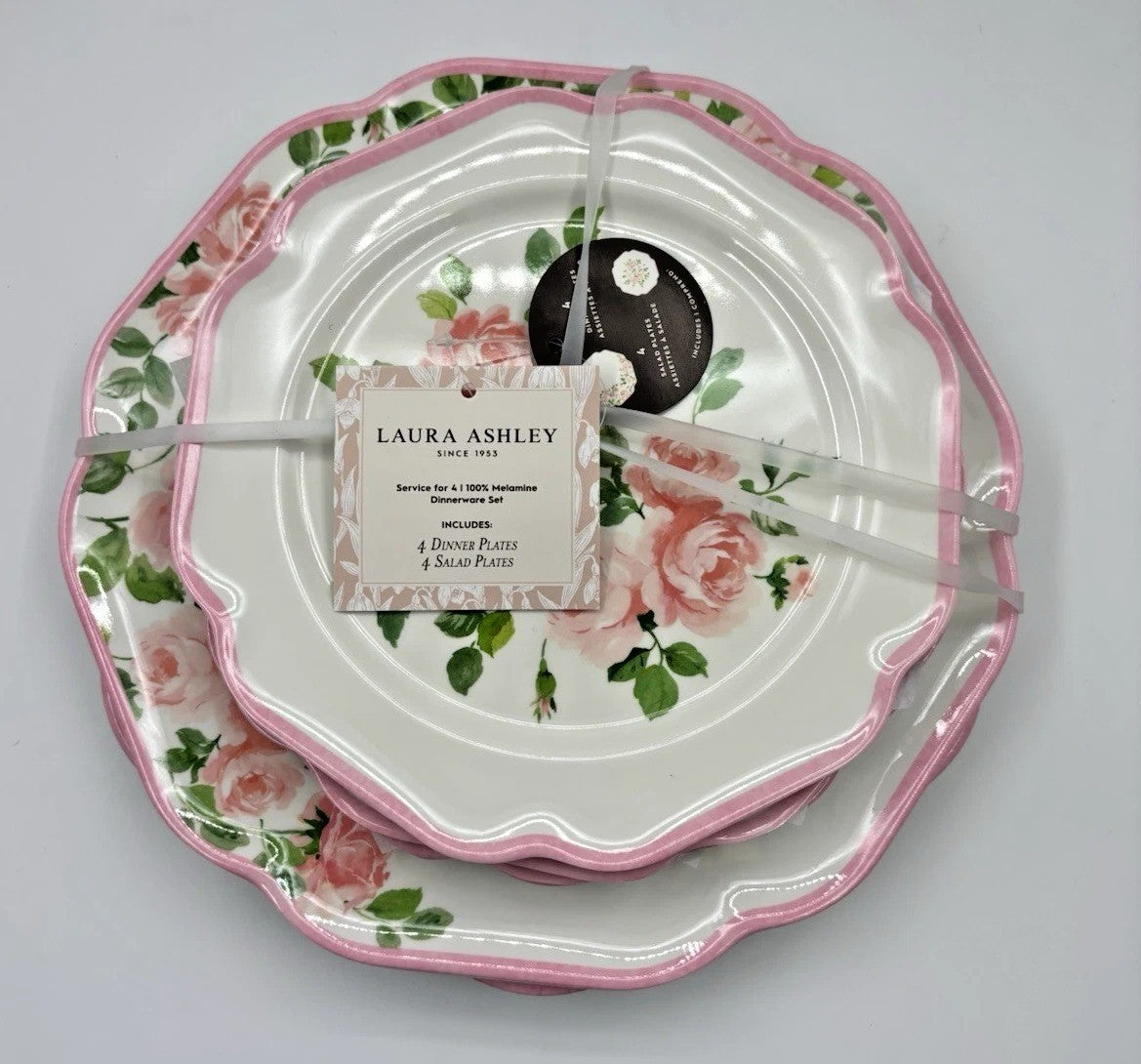 8pc Laura Ashley Pink Rose Floral Melamine Salad & Dinner Plate Set Spring NEW