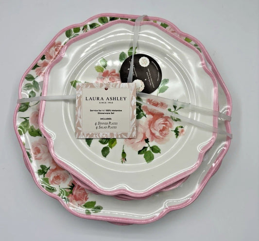 8pc Laura Ashley Pink Rose Floral Melamine Salad & Dinner Plate Set Spring NEW
