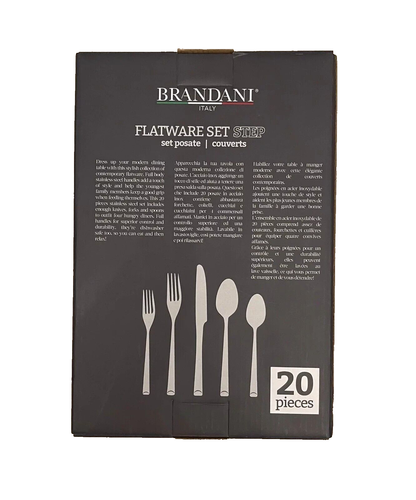 New In Box - Brandani Italy 20 Piece Stainless Steel Flatware Set Style "STEP"