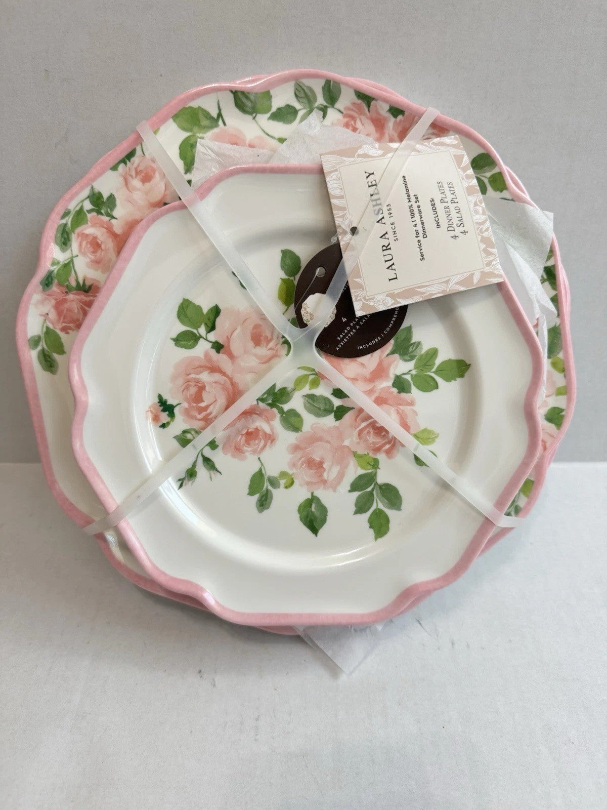 8pc Laura Ashley Pink Rose Floral Melamine Salad & Dinner Plate Set Spring NEW