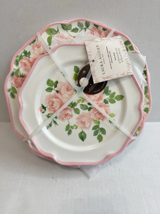 8pc Laura Ashley Pink Rose Floral Melamine Salad & Dinner Plate Set Spring NEW