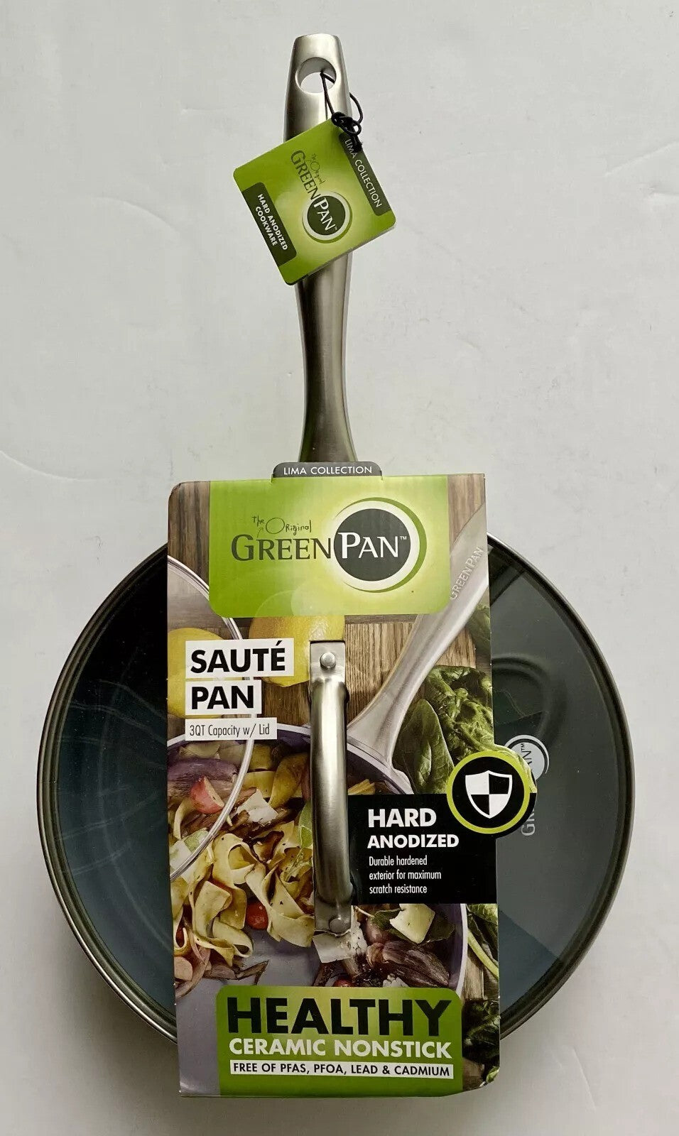 New GreenPan Lima Hard Anodized Ceramic Nonstick 3 Qt Saute Pan with Lid
