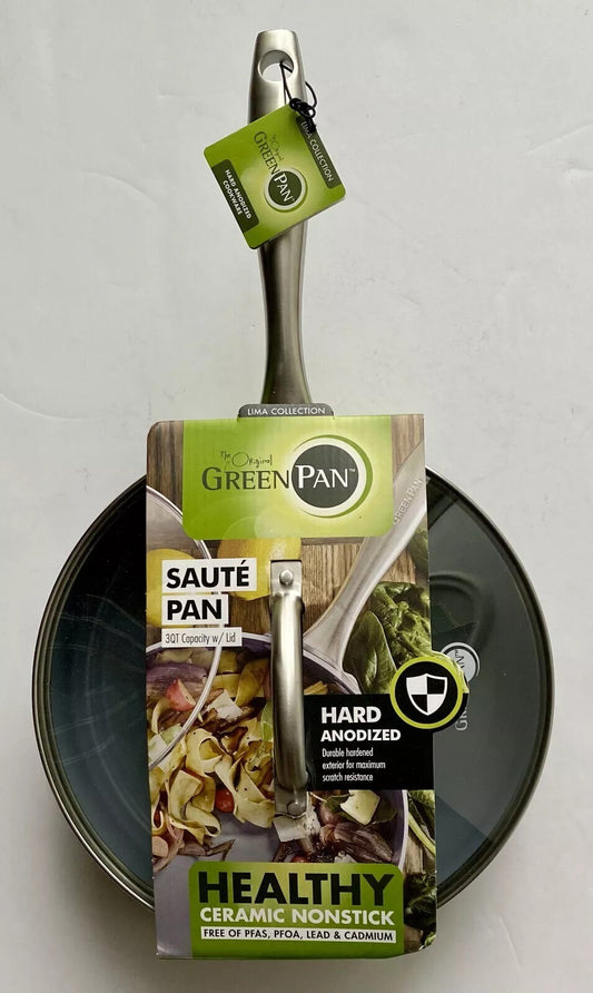 New GreenPan Lima Hard Anodized Ceramic Nonstick 3 Qt Saute Pan with Lid