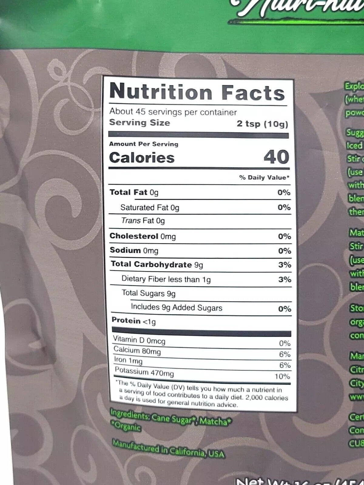 Nutri-hut Organic Sweet Matcha Premium Grade Green Tea 16 oz USDA Organic - NEW