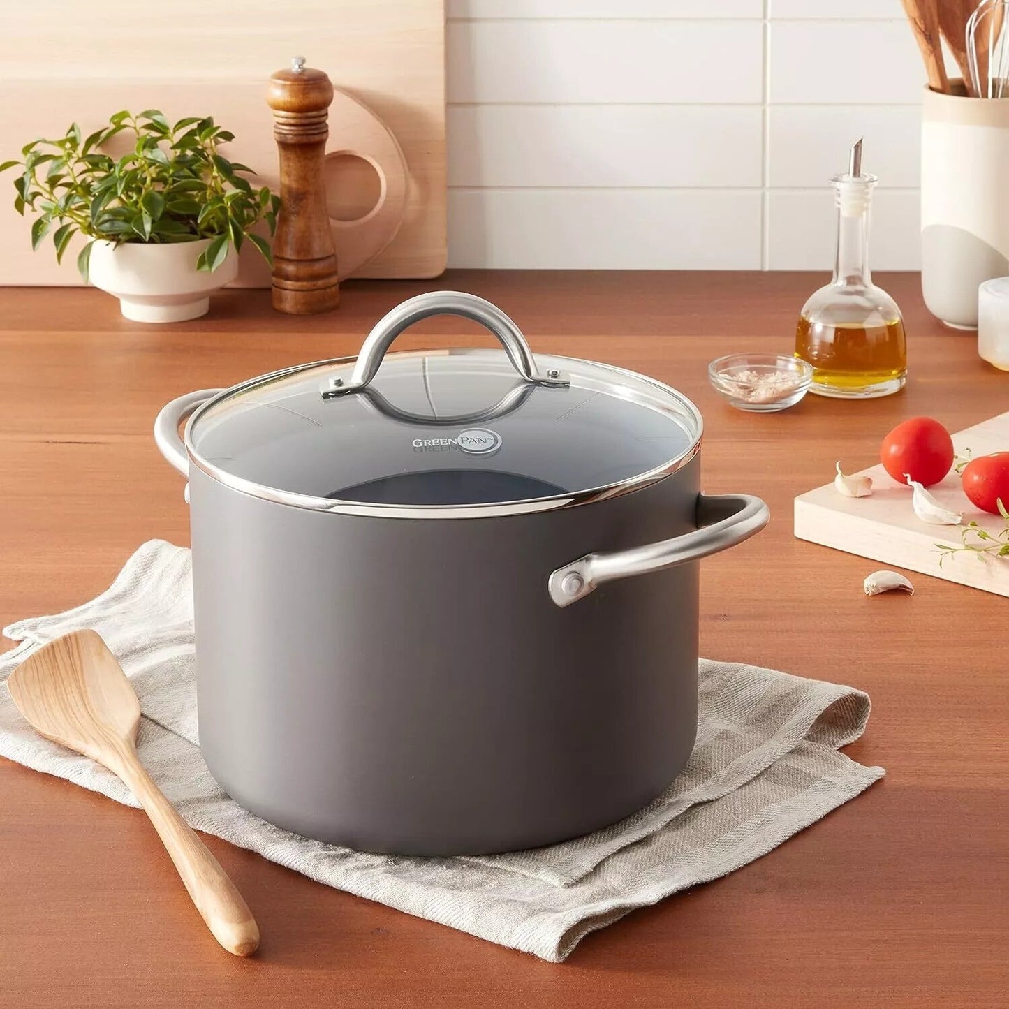 GreenPan Lima Hard Anodized Healthy Ceramic Nonstick 8QT Stock Pot with Lid Gray