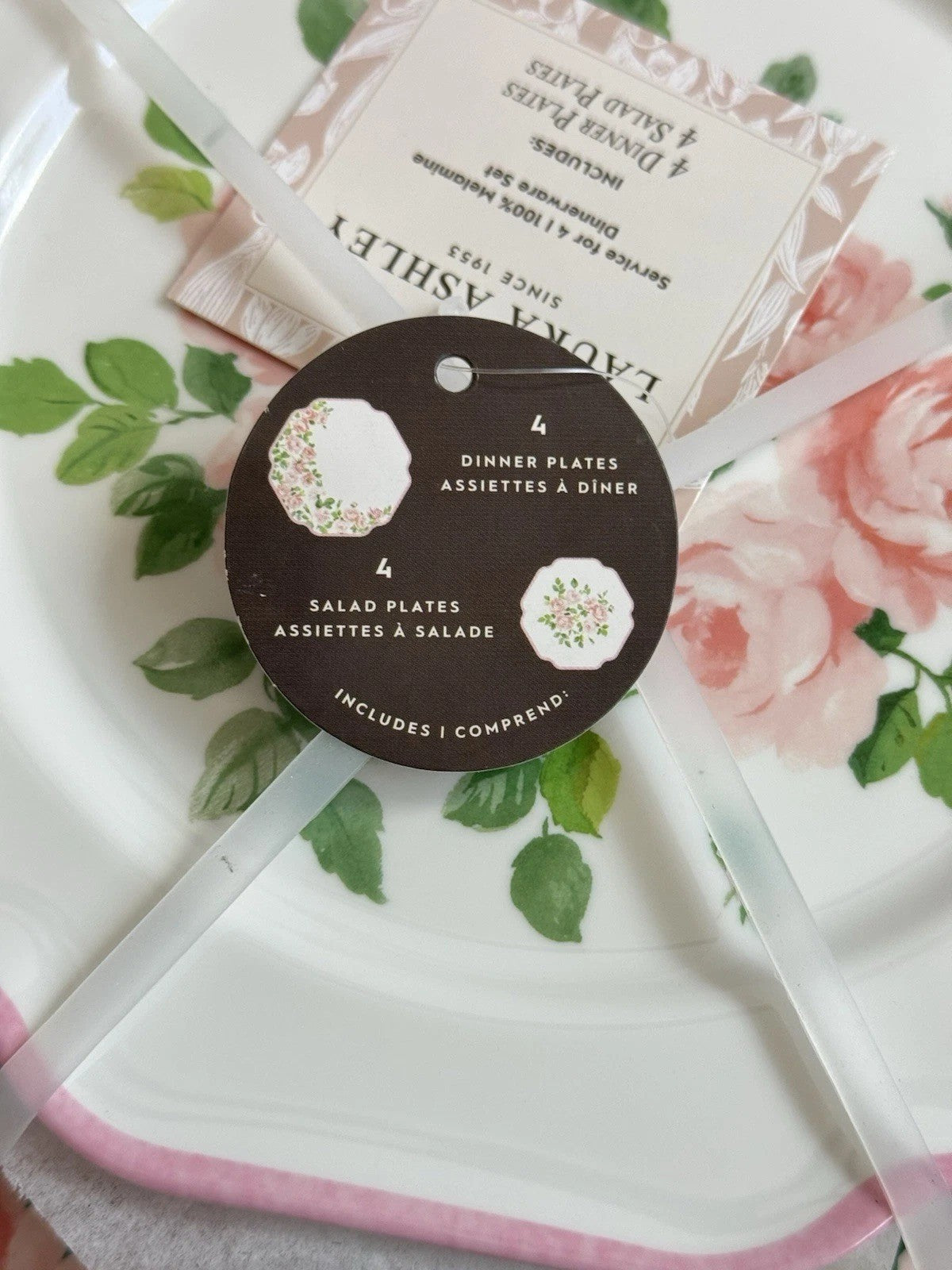 8pc Laura Ashley Pink Rose Floral Melamine Salad & Dinner Plate Set Spring NEW