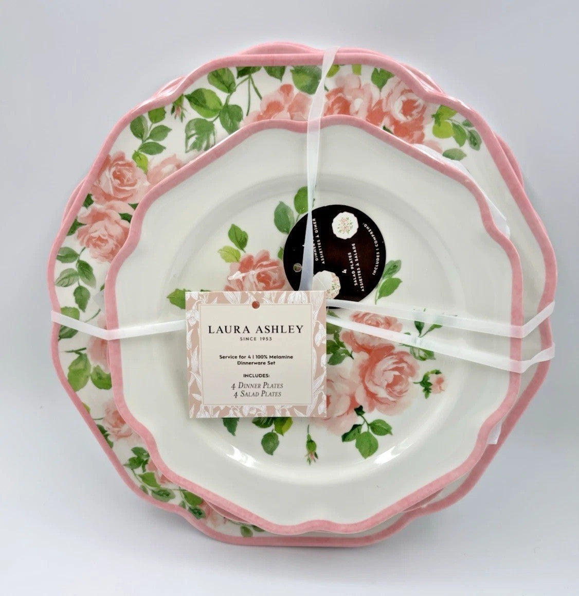 8pc Laura Ashley Pink Rose Floral Melamine Salad & Dinner Plate Set Spring NEW