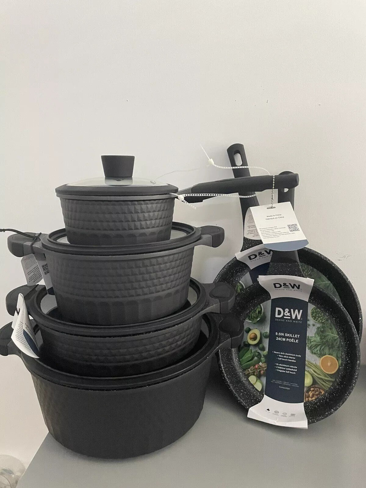D&W Deane & White Cookware Set - 10 Piece Black Aluminum Cookware with Lids