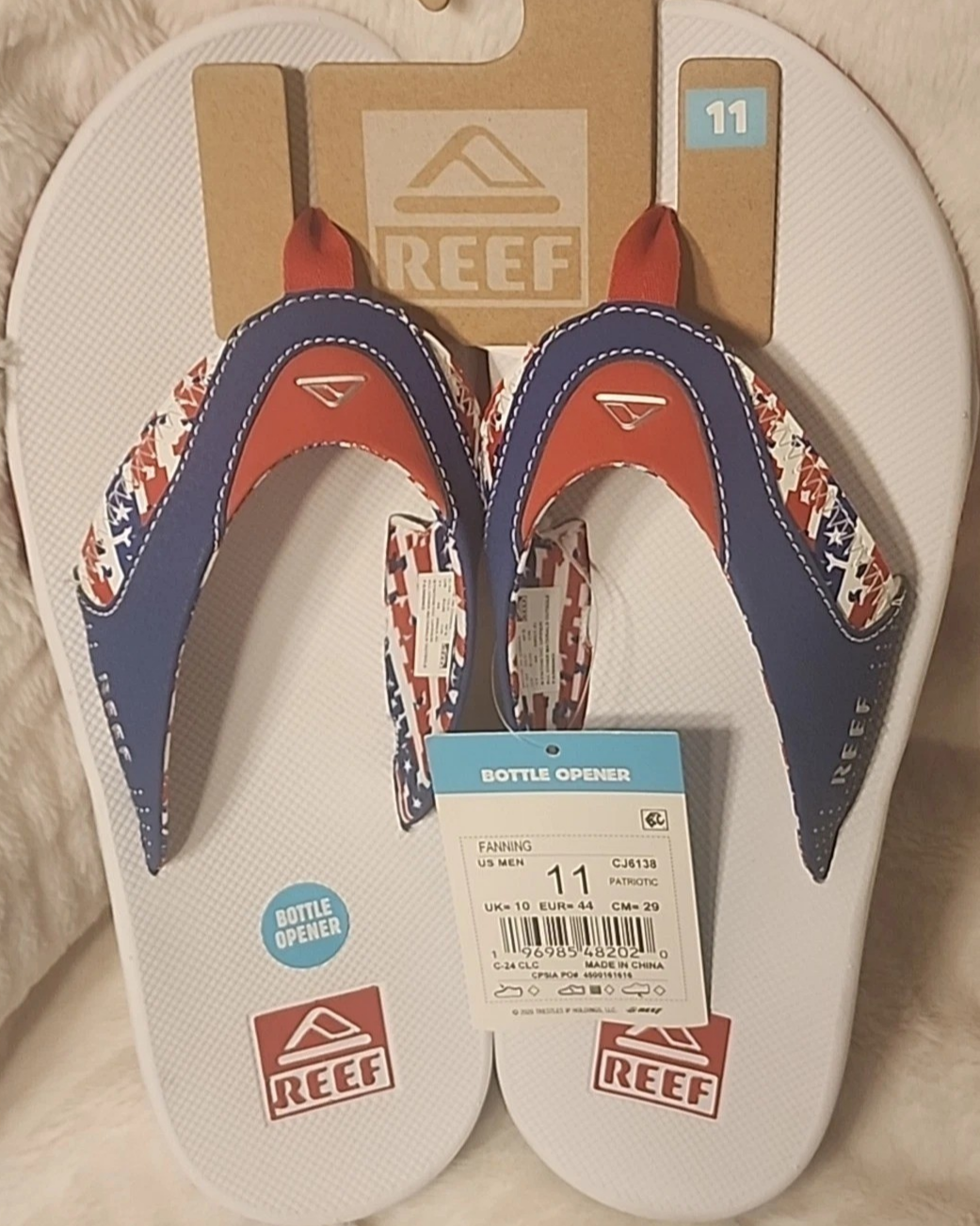 NEW Reef Fanning Flip Flops Patriotic Red White Blue Bottle Opener Sandal Men 11