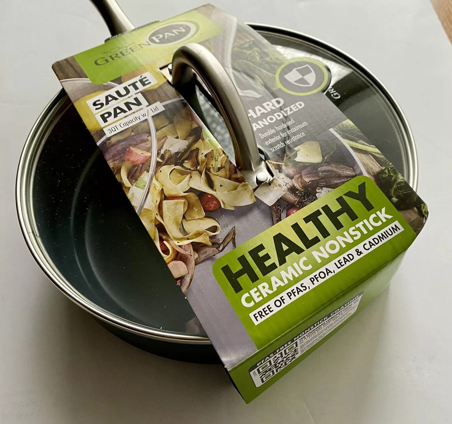 New GreenPan Lima Hard Anodized Ceramic Nonstick 3 Qt Saute Pan with Lid