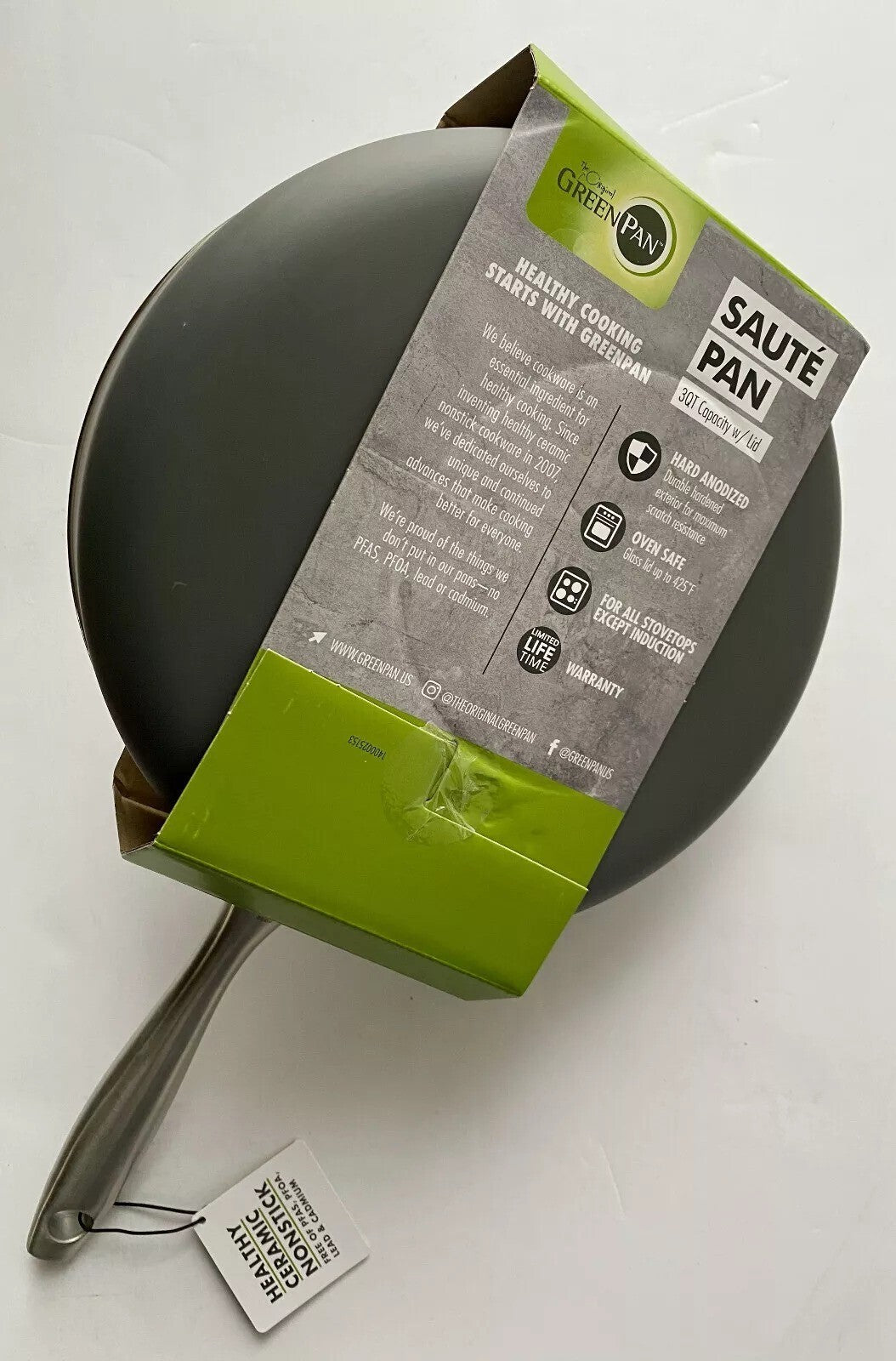 New GreenPan Lima Hard Anodized Ceramic Nonstick 3 Qt Saute Pan with Lid