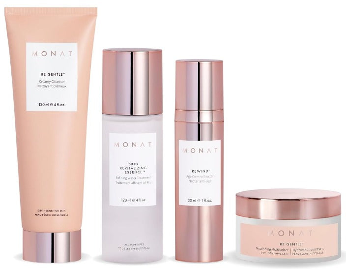 MONAT Sistema BE GENTLE™ - Sistema nutritivo para el cuidado de la piel con limpiador suave esencia revitalizante néctar antienvejecimiento y hidratante suave - Potente mezcla de ingredientes