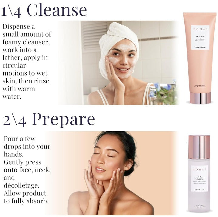 MONAT Sistema BE GENTLE™ - Sistema nutritivo para el cuidado de la piel con limpiador suave esencia revitalizante néctar antienvejecimiento y hidratante suave - Potente mezcla de ingredientes