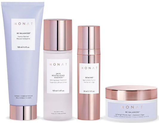 Monat Sistema BE BALANCED™️ para pieles normales y mixtas: ilumina y renueva, incluye limpiador espumoso, esencia revitalizante, néctar de control de edad, hidratante ligero