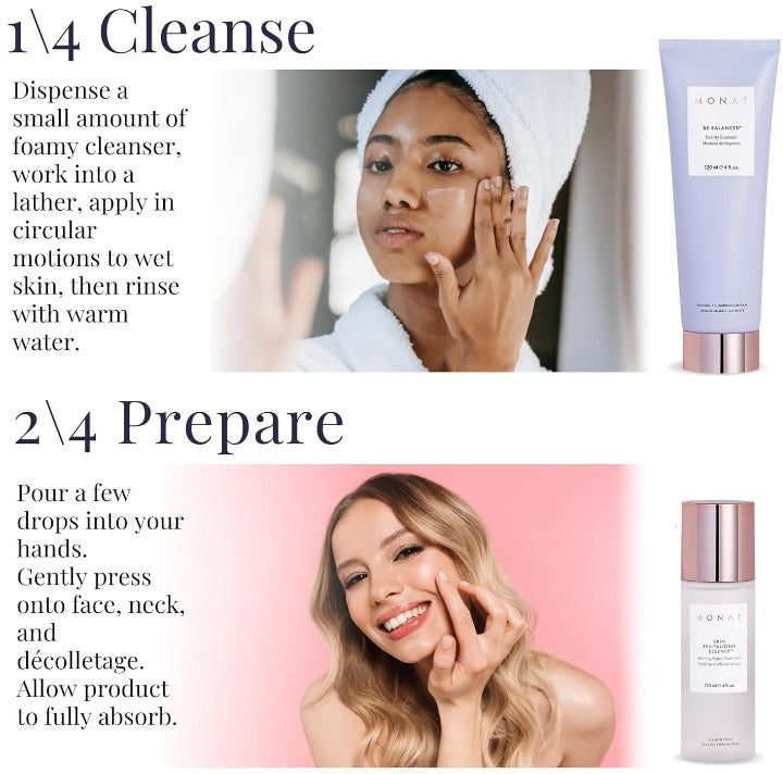 Monat Sistema BE BALANCED™️ para pieles normales y mixtas: ilumina y renueva, incluye limpiador espumoso, esencia revitalizante, néctar de control de edad, hidratante ligero