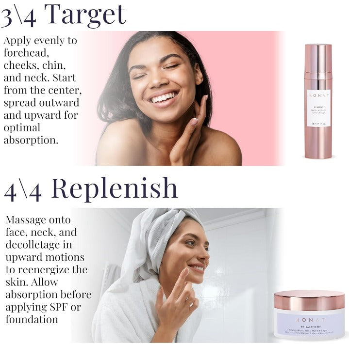 Monat Sistema BE BALANCED™️ para pieles normales y mixtas: ilumina y renueva, incluye limpiador espumoso, esencia revitalizante, néctar de control de edad, hidratante ligero